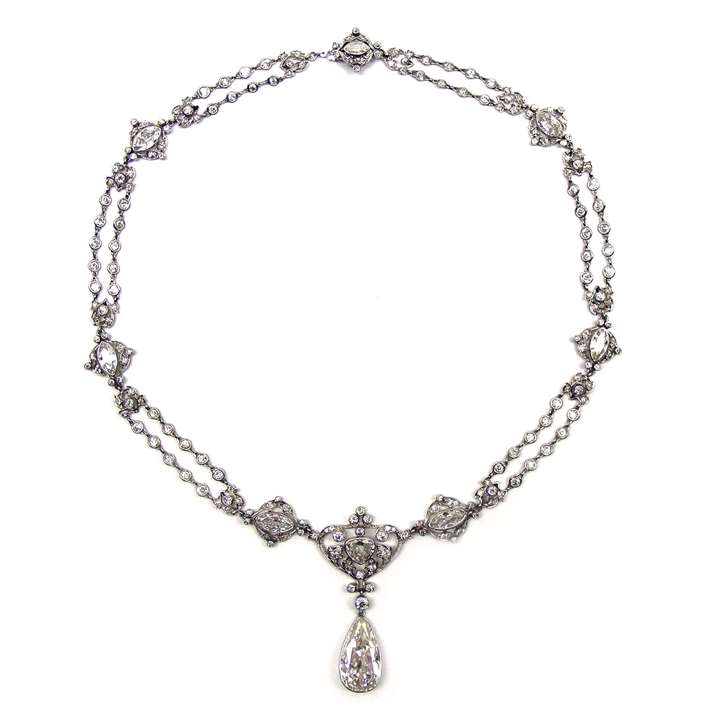 Art Nouveau pear shaped diamond set necklace, American c.1900, hung with a 7.15ct H IF Type IIa pear shaped diamond drop to the front